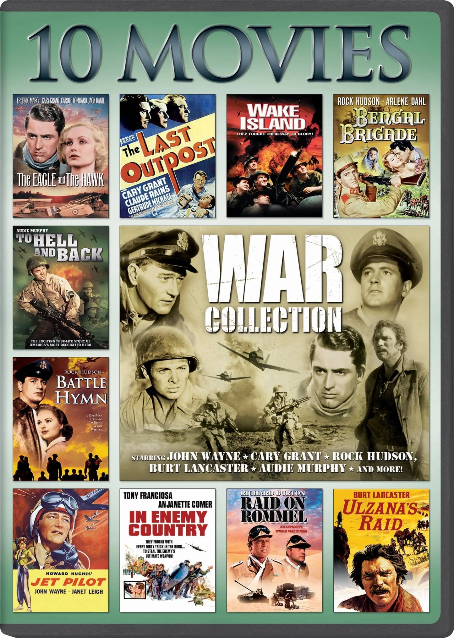 War, 10-Movie Collection: The Eagle and The Hawk / The Last Outpost / Bengal Brigad / Jet Pilot / Ulzana's Raid / To Hell and Back / In Enemy Country / Raid on Rommel / Battle Hymn / Wake Island(Packaging may vary) The Happy Book Stack
