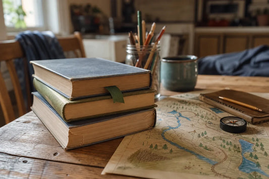 A stack of mystery books for 7 year olds on a kitchen table with a map, compass, and pencils in soft window light.