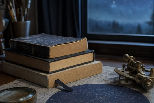 Used science-fiction books with toned page edges beside a star chart, illustrating Isaac Asimov books in order.