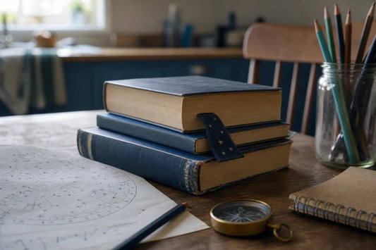 Space books for kids stacked on a kitchen table with a star chart, notebook, and softly toned page edges.