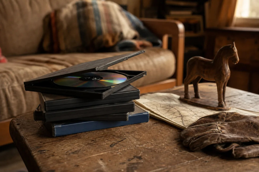 Well-handled DVD cases and a disc on a wooden table with frontier-inspired props for best classic western movies on DVD.