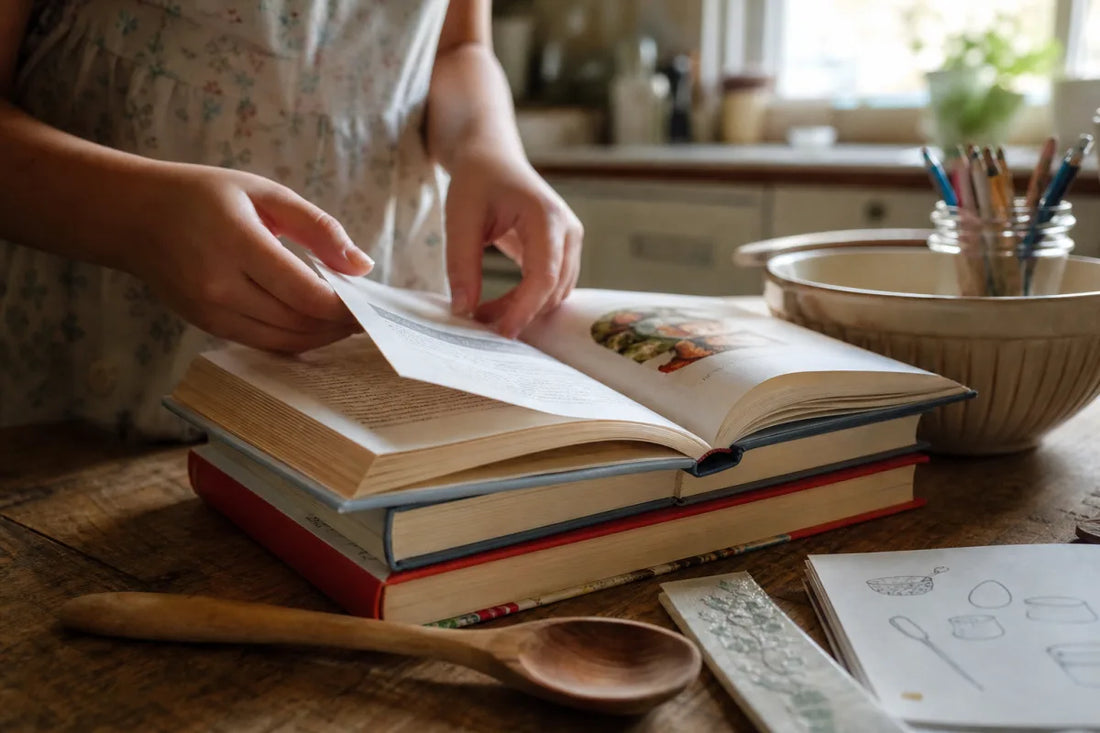 Cooking books for kids open on a kitchen table with a mixing bowl, wooden spoon, notebook, and softly toned page edges in natural window light.