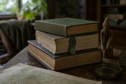 Stack of worn middle-grade fantasy books beside a map and compass, representing books like Coraline for brave young readers.