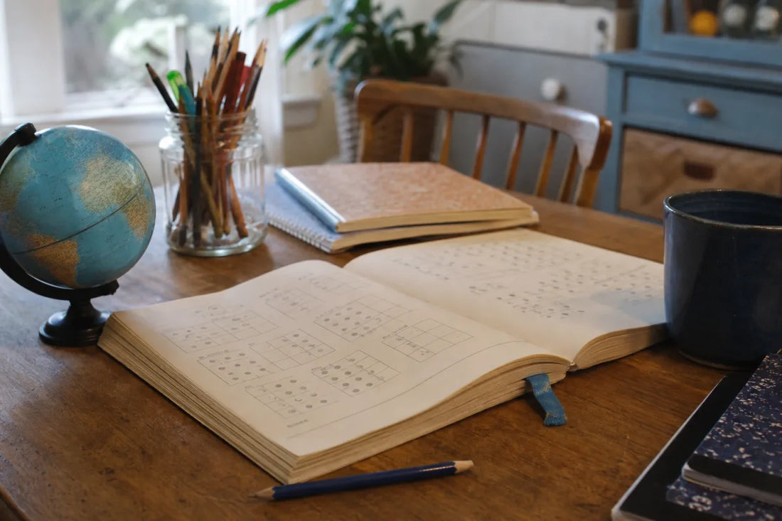 Open homeschool logic puzzle books on a kitchen table with pencils, notebooks, and a globe in soft window light.