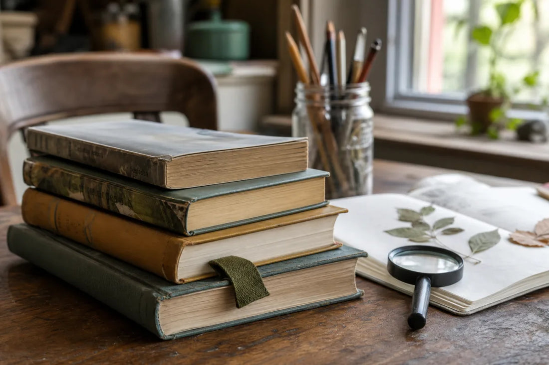 Well-read children's books with toned page edges, pressed leaves, and a magnifier on a kitchen table for books for 7 year olds who love animals.