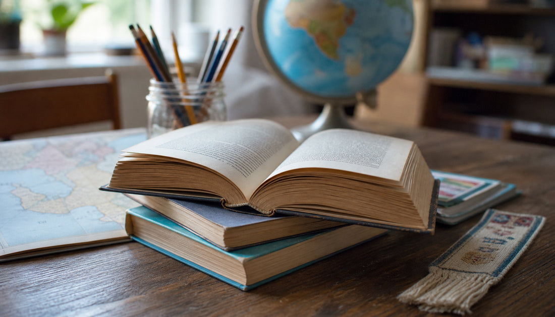 Well-read children’s books, a map, and a globe on a kitchen table for a historical fiction books for third grade classroom lesson.