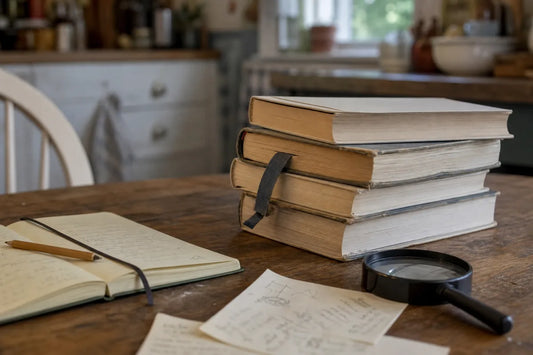 Well-read children's detective books, a magnifier, and a field notebook on a kitchen table for gentle mystery series for 9 year olds.