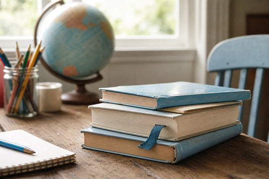 Well-loved children’s books on a kitchen table with pencils and a globe for books for kids starting a new school.