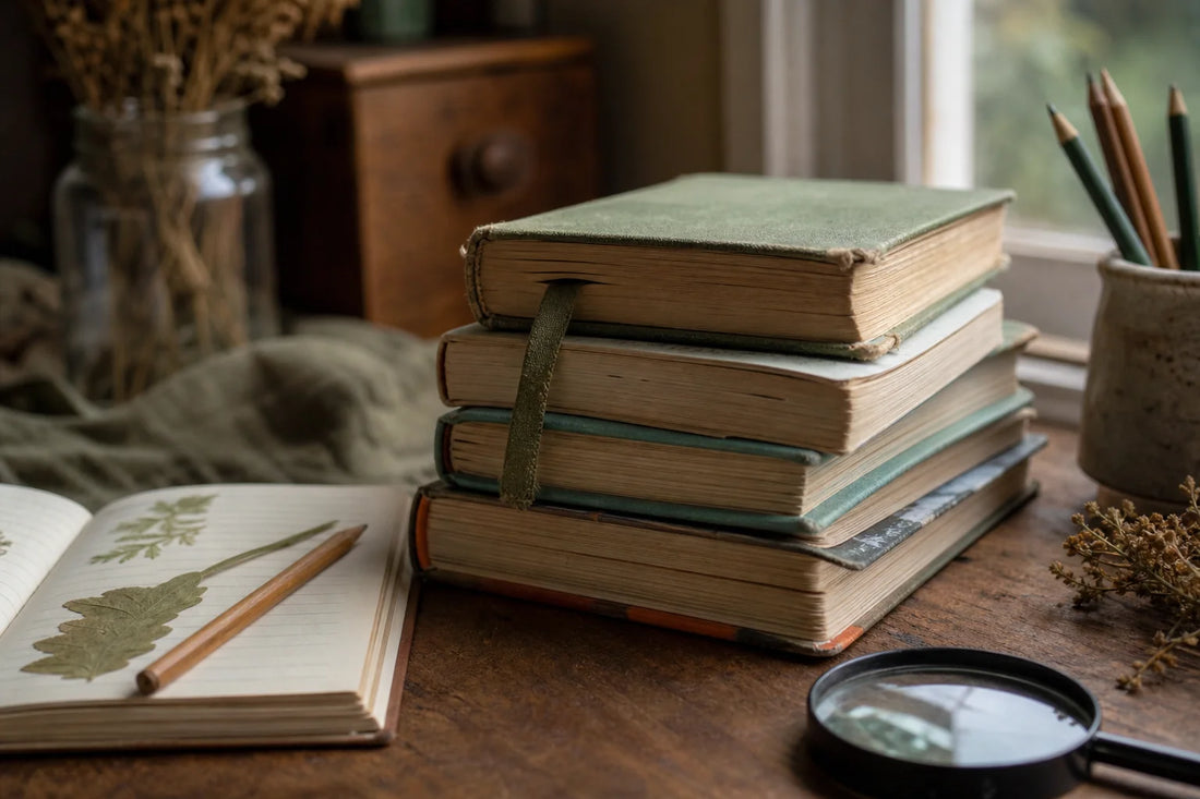 Well-loved animal and nature books on a kitchen table with pressed leaves and a magnifier, representing books for fourth graders who love animals.