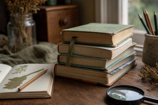 Well-loved animal and nature books on a kitchen table with pressed leaves and a magnifier, representing books for fourth graders who love animals.