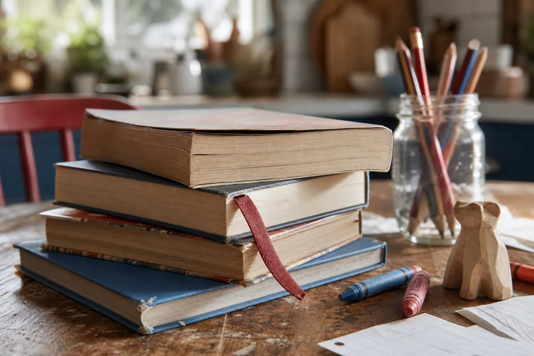 Well-read children’s books with toned page edges, crayons, and pencils on a kitchen table for funny books for 8 year olds.
