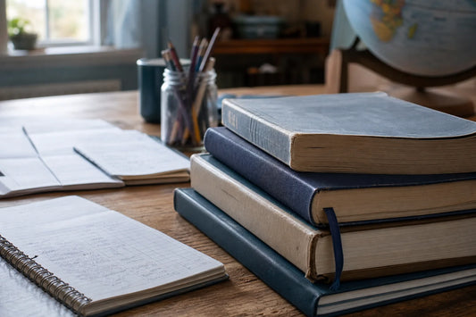 Homeschool economics books for high school on a kitchen table with notebooks, a globe, and pencils in soft window light.