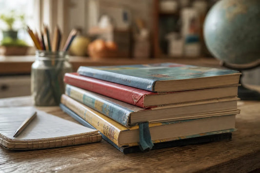 Used illustrated chapter books for second graders on a kitchen table with pencils and a globe.