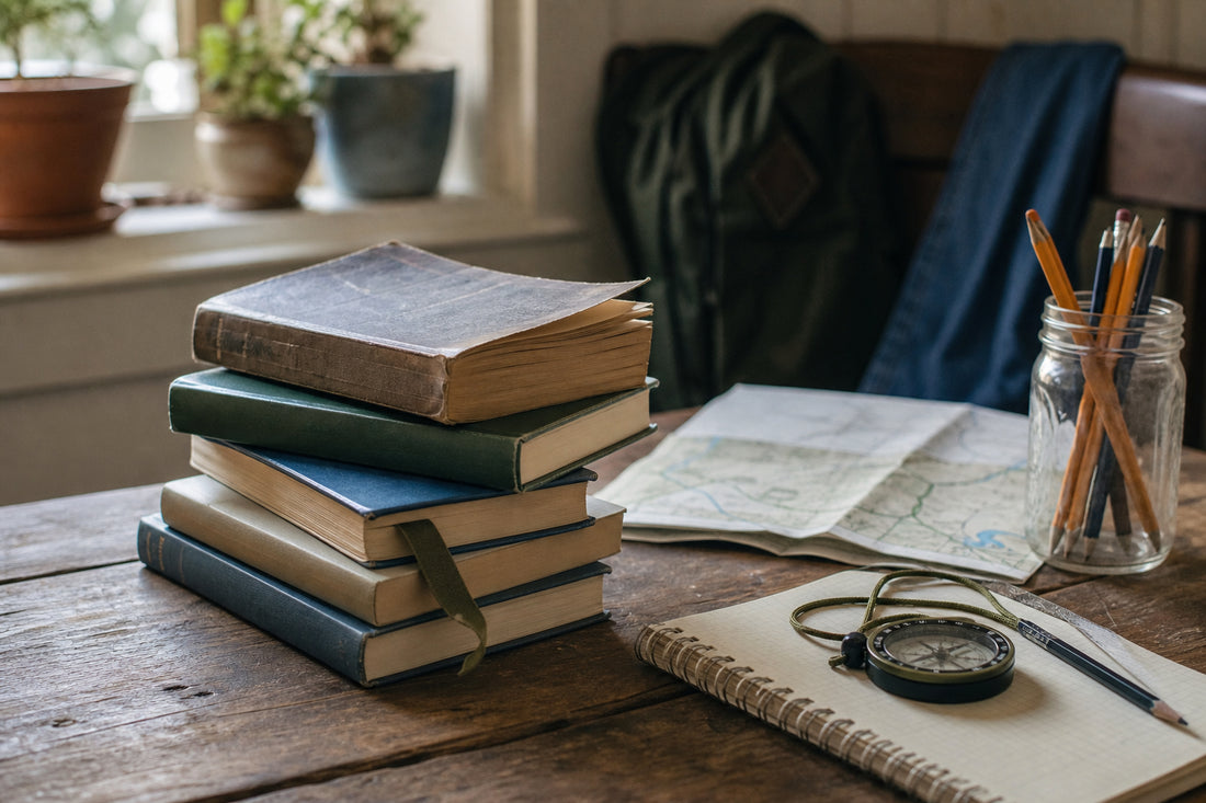 Used middle-grade books with toned page edges, a map, and pencils on a kitchen table for reluctant reader books for sixth grade boys.