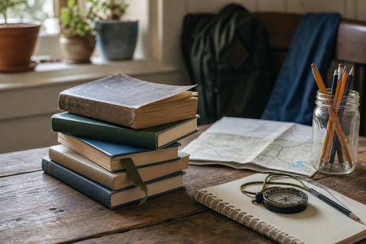 Used middle-grade books with toned page edges, a map, and pencils on a kitchen table for reluctant reader books for sixth grade boys.
