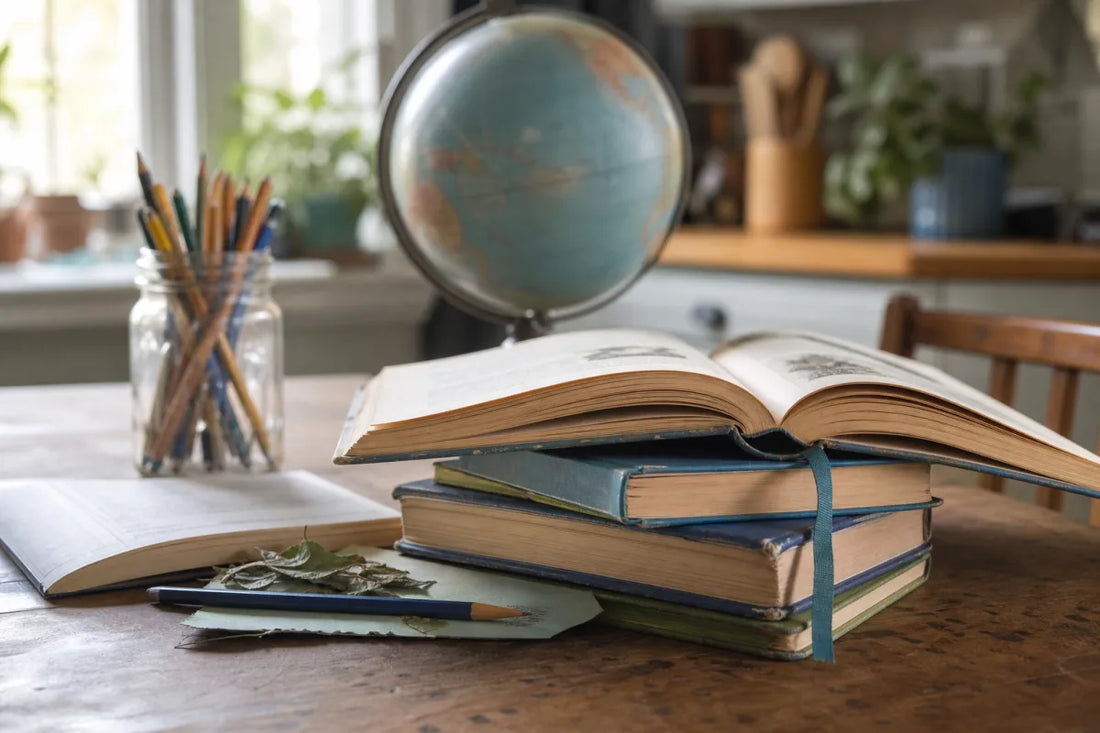 Well-loved children’s science books for third graders on a kitchen table with a globe, pencils, and pressed leaves.