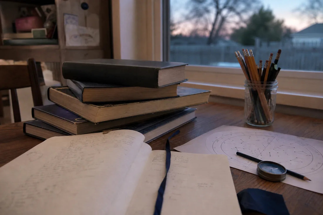 Used children's science books, a star chart, and a notebook on a kitchen table for homeschool astronomy books for kids.