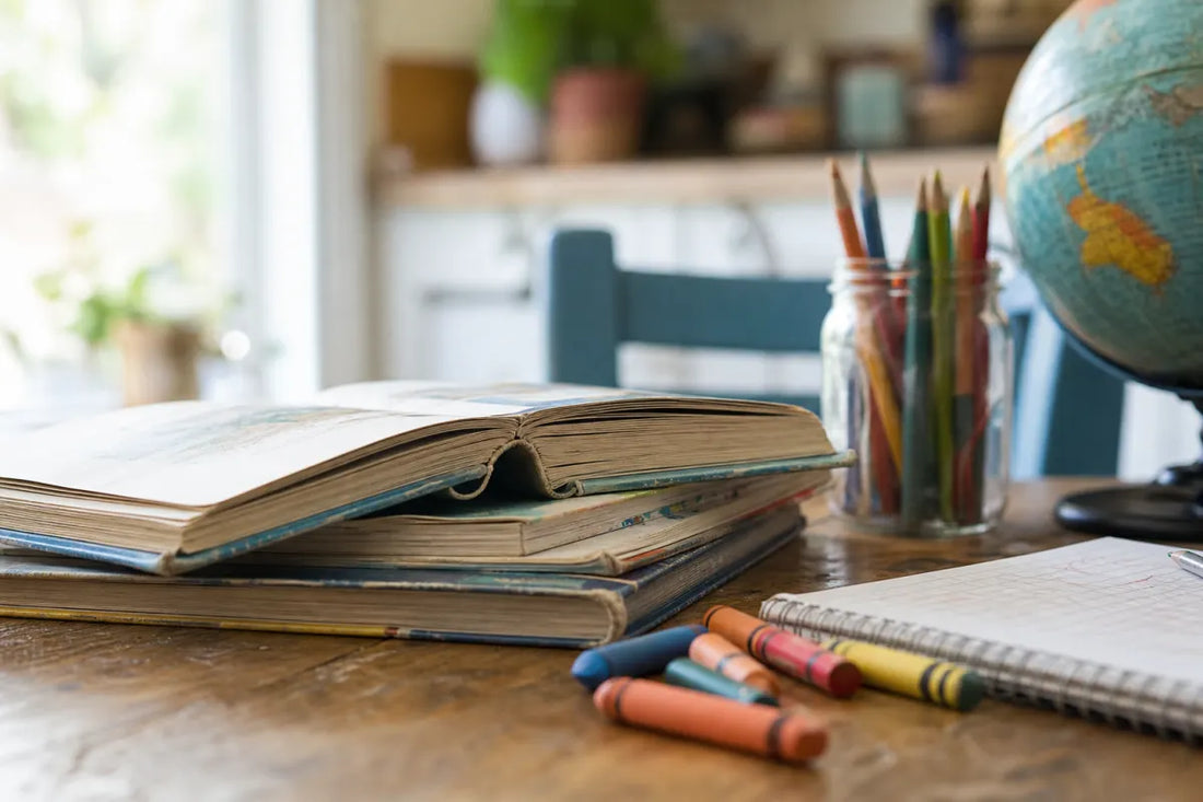 Well-loved children’s picture books, crayons, and a notebook on a kitchen table for kindergarten transition books for 5 year olds.