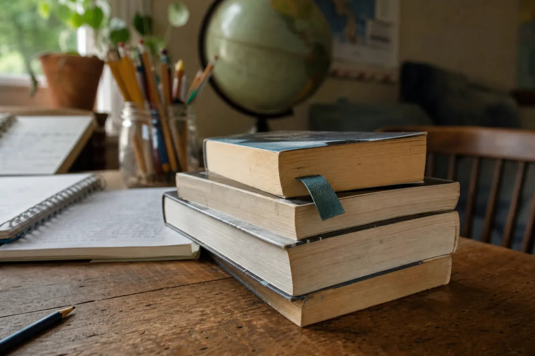 Used books with toned page edges on a kitchen table for coming of age realistic fiction for young teens.