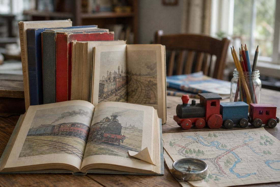 Used picture books and a wooden toy train on a kitchen table for books for kids who love trains.