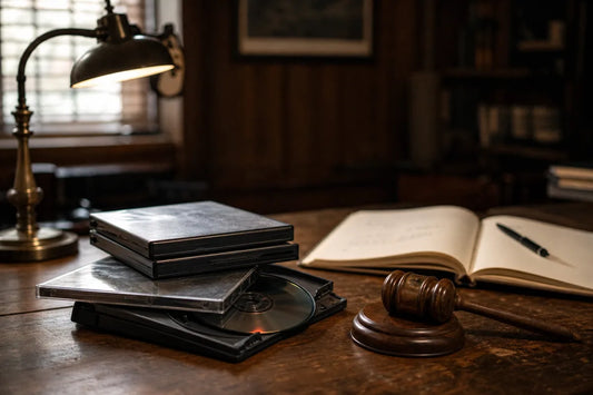 Used courtroom drama DVDs on a wood table with a gavel and notebook for best courtroom drama movies on DVD viewing.