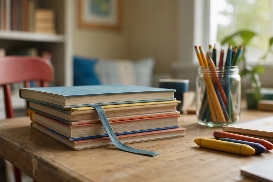 Stack of children’s picture books with toned page edges and crayons on a kitchen table for books about feelings for preschoolers.