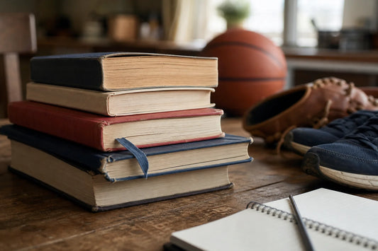 Well-read sports books with toned page edges, a baseball glove, basketball, and running shoes on a kitchen table for books for 11 year old sports fans.