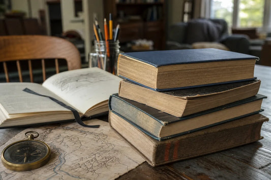 Well-read mythology books for fifth graders stacked beside a map and compass on a family kitchen table.