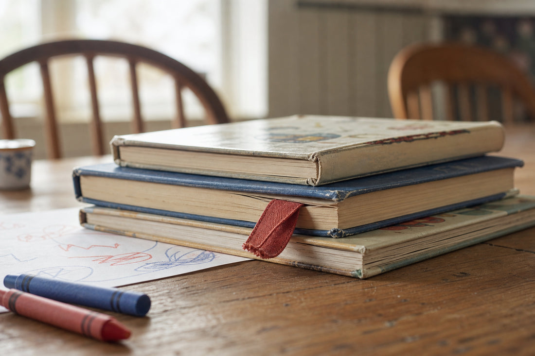 Well-loved children’s books on a kitchen table with crayons and soft daylight, representing books about friendship for kids.