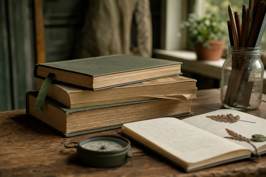 Well-read adventure books on a kitchen table with a compass and field notebook for survival adventure novels for teen boys.