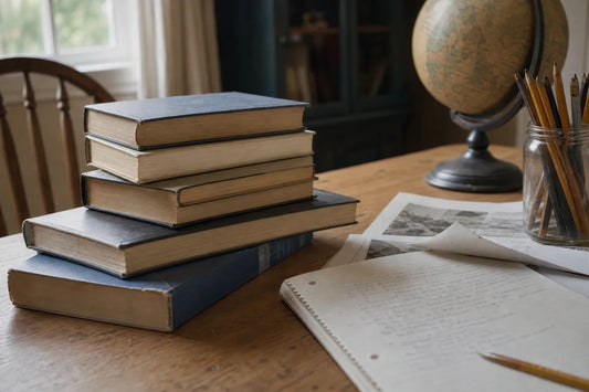 Used books and a notebook on a kitchen table for homeschool civics books for middle school study.