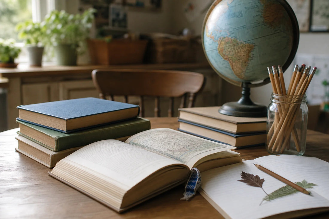 Homeschool geography books with toned page edges, a globe, notebook, and pencils on a family kitchen table.