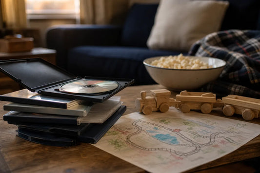Used family DVDs beside a toy train and railway map for the best train movies on DVD family movie night.