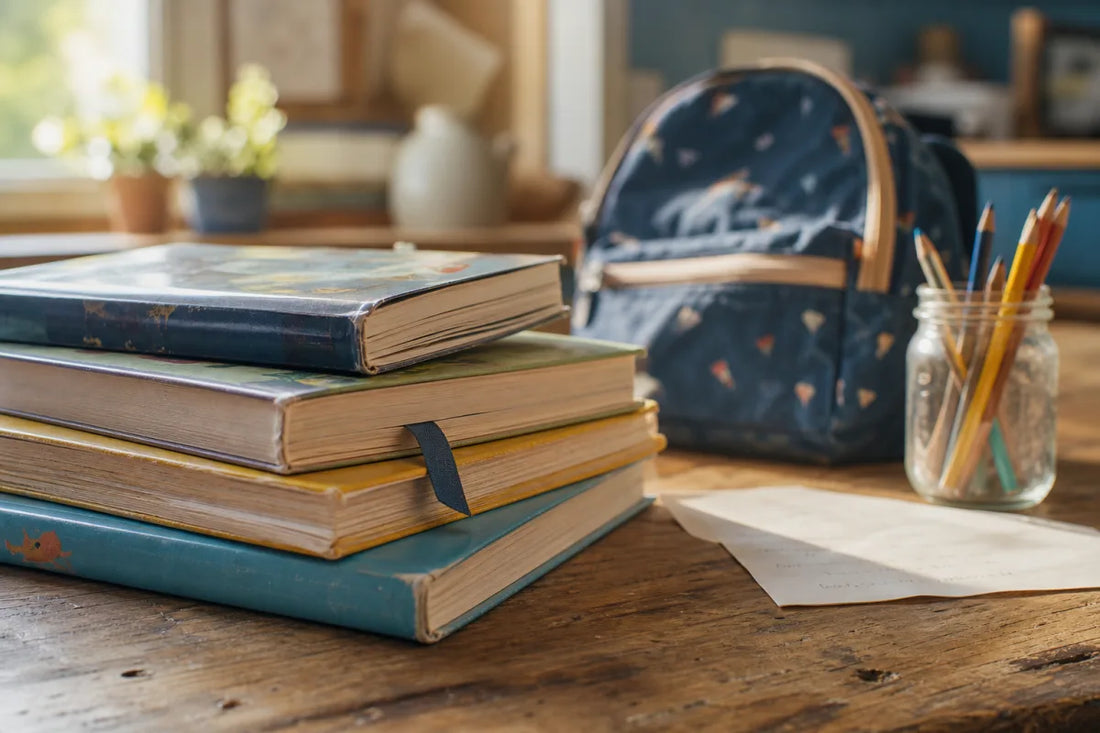 Well-loved picture books on a kitchen table beside a small backpack and pencils, illustrating books about starting school for kids.