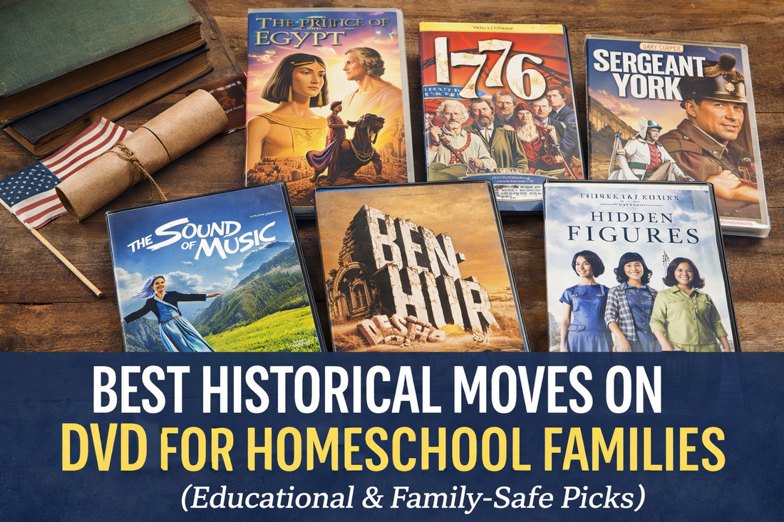 Family-friendly historical movies on DVD arranged on a wooden table for homeschool families