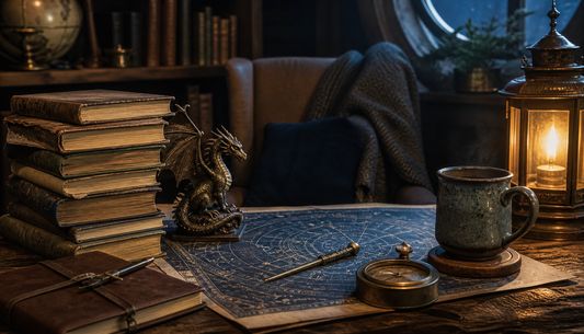 Unbranded fantasy and science-fiction books beside a star map and small dragon figurine for Christopher Paolini books in order.