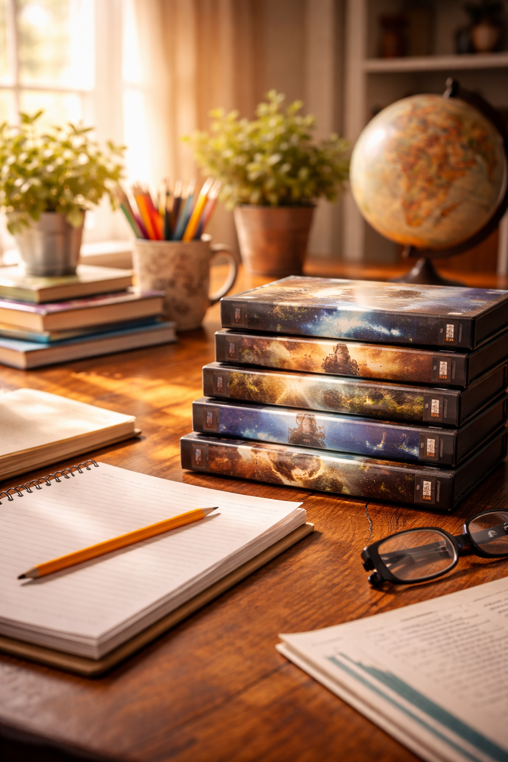 Homeschool-friendly movies on DVD displayed on a study table with notebook, globe, and books in a cozy learning environment.