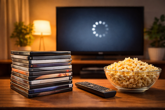 Stack of DVDs on a coffee table next to popcorn and remote control with a TV buffering in the background, symbolizing why DVDs are better than streaming for families.