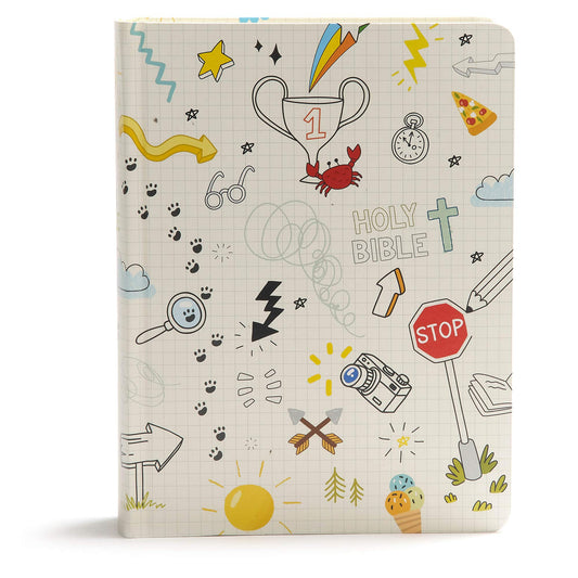 CSB Journal and Draw Bible for Kids, White, Black Letter, Single-Column, Wide Margins, Journaling Space, Illustrations, Reading Plan, Easy-to-Read Bible Serif Type The Happy Book Stack