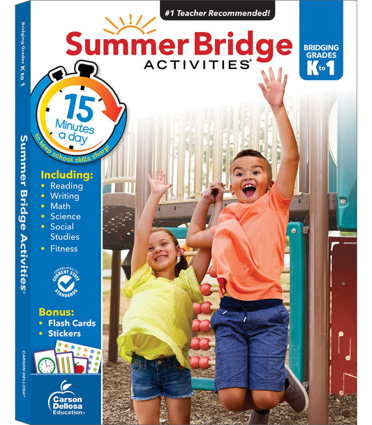 Summer Bridge Activities Kindergarten to 1st Grade Workbooks, K-1 Activity Book With Math, Reading Comprehension, Science, Fitness, Social Studies, Writing Practice, and Flash Cards (Volume 2) - 4380