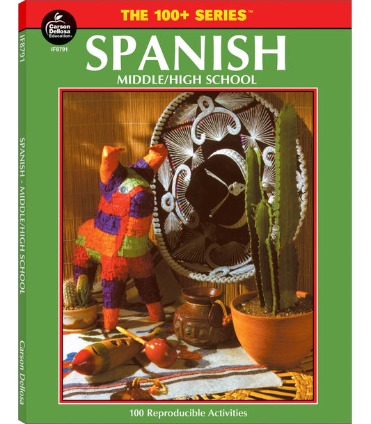 Carson Dellosa The 100 Series Spanish Workbook, Vocabulary, Common Phrases, Culture, Sentence Building Skills, and More, Middle and High School Classroom or Homeschool Curriculum (Volume 18) The Happy Book Stack