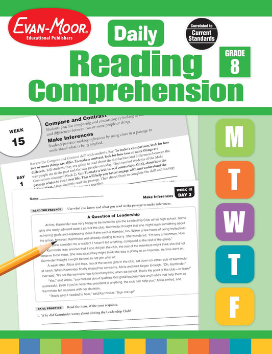 Evan-Moor Daily Reading Comprehension, Grade 8 - Homeschooling & Classroom Resource Workbook, Reproducible Worksheets, Teaching Edition, Fiction and Nonfiction, Lesson Plans, Test Prep The Happy Book Stack