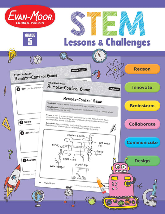 Evan-Moor Stem Lessons and Challenges, Grade 5 Homeschooling & Classroom Resource Workbook, Life, Earth and Physical Science Problem Solving, Peer Collaboration, Real-World, Visual Literacy, Printable The Happy Book Stack