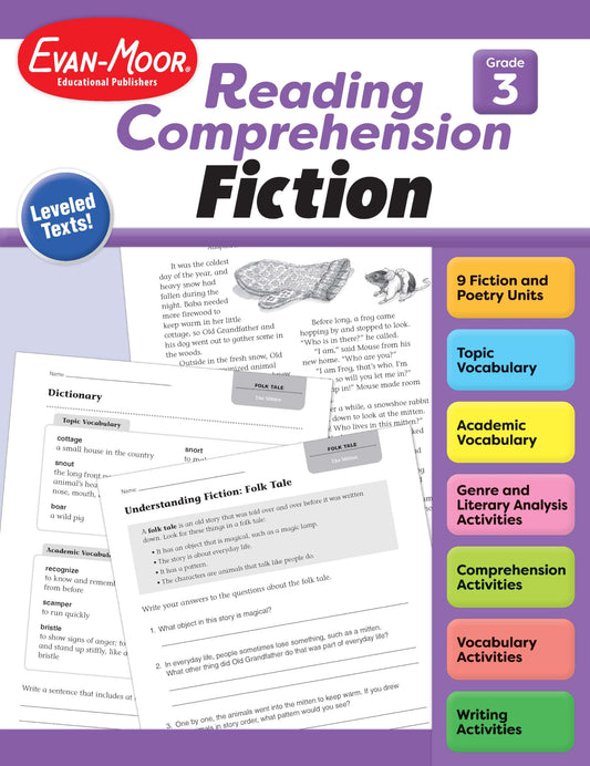 Evan-Moor Reading Comprehension: Fiction Grade 3, Homeschooling and Classroom Resource Workbook, Realistic Fiction, Historical fiction, Poetry, ... tale, Leveled, Greek legends, Close reading The Happy Book Stack